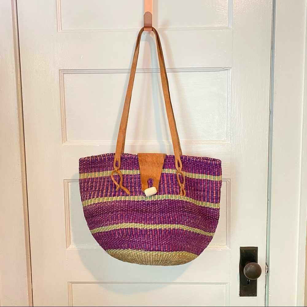 Vintage handwoven sisal & leather shoulder bag
